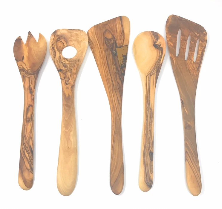 AramediA Wooden Cooking Utensil Olive Wood 5 Piece Set of Spatulas - Spoon, Fork, and Stirrers